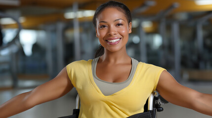 Fototapeta premium Wheelchair user participating in adaptive fitness classes, physical activity and rehabilitation engagement, active lifestyle promotion, independence and empowerment, disability inc