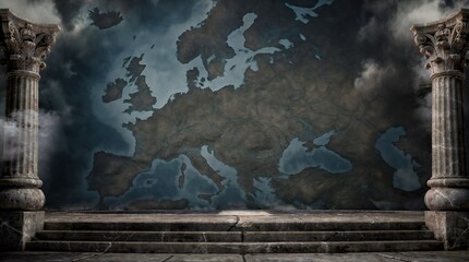 Ancient stone columns framing a dramatic world map mural with Europe highlighted, evoking history, civilization origins, geopolitical power, classical architecture, and epic storytelling atmosphere.