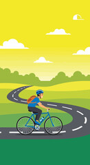 Naklejka premium Active Cyclist Navigates Winding Rural Road Under Sunny Skies