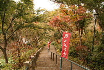 秋の参道に立つ赤い幟と階段の風景