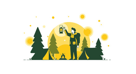 Naklejka premium Adventurous Camper Holding Lantern Amidst Trees and Tents Under Yellow Sky