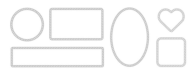 Rope frame border set isolated on white bg. Circle, square, oval and heart shape in sea sailor theme, nautical rope collection, flat vector illustration. Travel and marine loop and cord frames. © viktoria_ngm