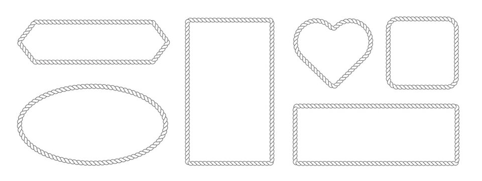Rope frame border set isolated on white bg. Circle, square, oval and heart shape in sea sailor theme, nautical rope collection, flat vector illustration. Travel and marine loop and cord frames.