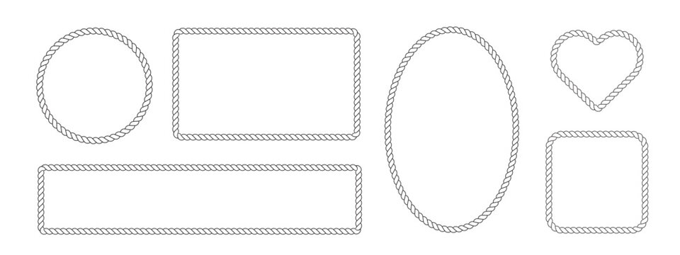 Rope frame border set isolated on white bg. Circle, square, oval and heart shape in sea sailor theme, nautical rope collection, flat vector illustration. Travel and marine loop and cord frames.