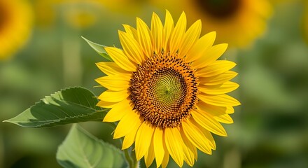 Fototapeta premium Close-up of a vibrant sunflower, its petals radiating sunshine; field in soft focus