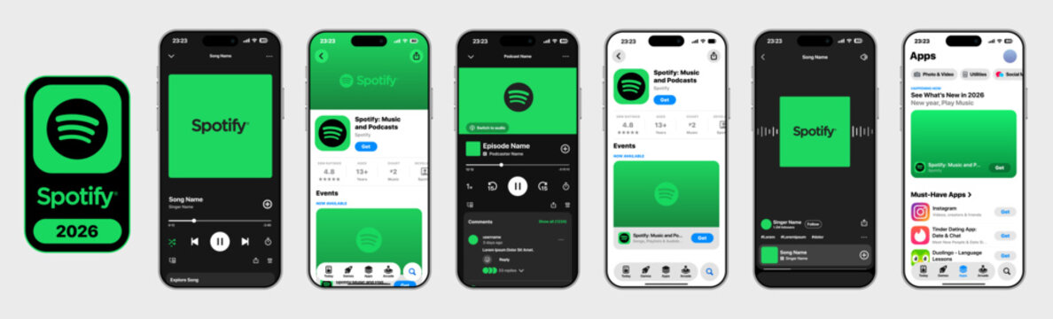 Spotify 2026 music and podcast player interface with personalized playlists offline listening audio controls podcast discovery and App Store download page showcase