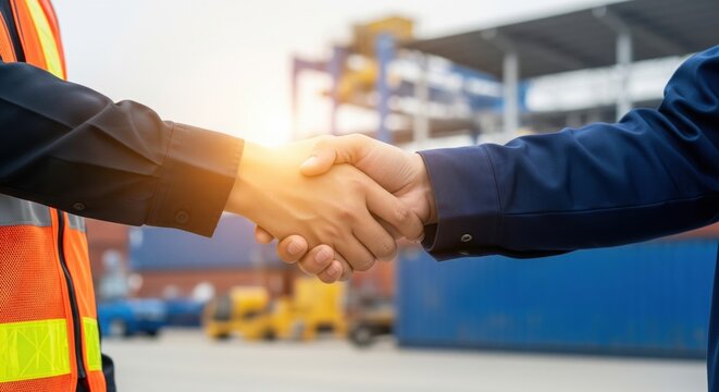 Business handshake between logistics partners at industrial cargo terminal, symbolizing supplier client relationship, logistics agreement, supply chain cooperation and international trade