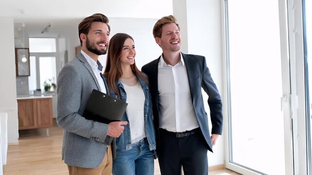 Real estate business market, house home building purchase sale. Three people, two men and a woman, standing in a modern, welllit room. The man on the right points at a window.