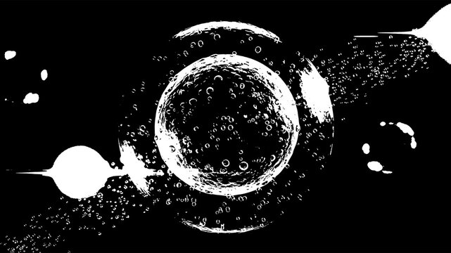 Abstract representation of a central cell or nucleus with surrounding particles and light bursts, scientific and cosmic theme