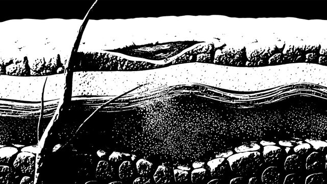 Detailed cross-section of skin layers showing follicles and subcutaneous tissue, scientific medical illustration in stark black and white.