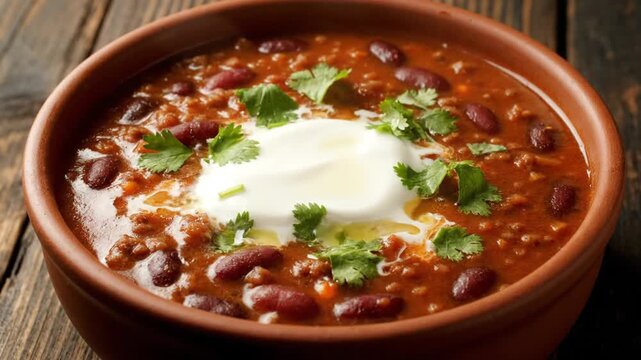 Close-up shot of hearty chili con carne stew steaming in a rustic bowl.