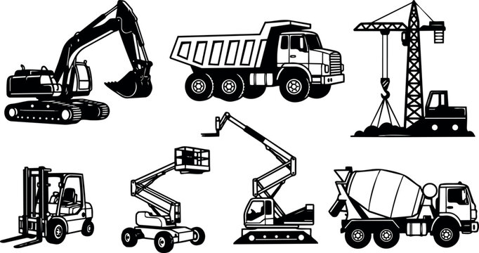 Black and white vector art construction vehicles including excavator, dump truck, crane, forklift, aerial lift, and concrete mixer isolated on white background