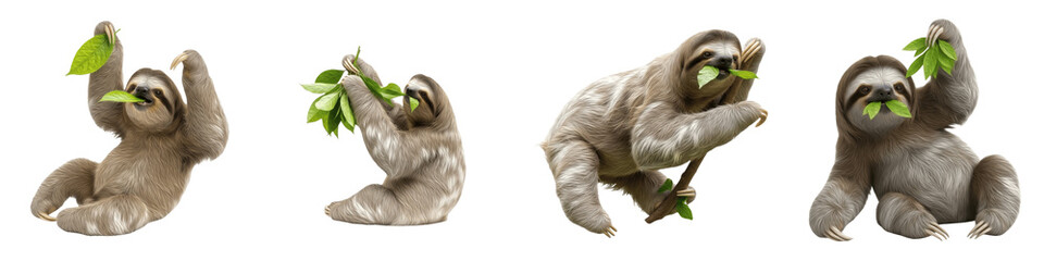 Set and Collection of Sloths Eating Green Leaves, Tropical Mammal Feeding Action Poses Isolated on White Transparent PNG Background © midshots