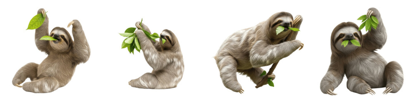 Set and Collection of Sloths Eating Green Leaves, Tropical Mammal Feeding Action Poses Isolated on White Transparent PNG Background
