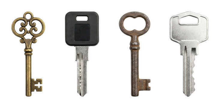 Four different types of keys representing security and access, showcasing a variety of designs from antique skeleton keys to modern car and house keys.