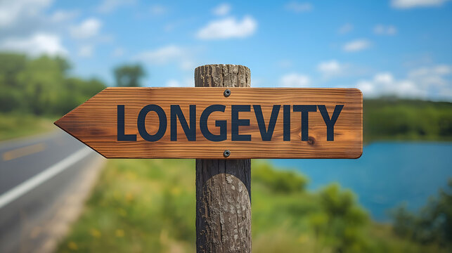 Longevity Concept Wooden Signpost on Scenic Road and Nature Background
