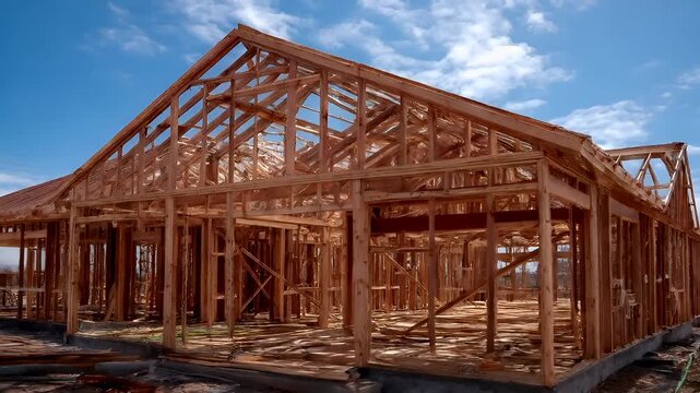 Real estate business market, house home building purchase sale. A house under construction with wooden framing, situated in a construction site. The ground is covered with wooden planks and tools.