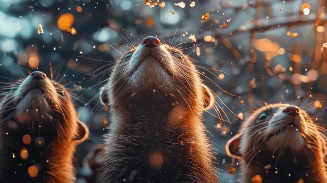 Three curious ferrets looking up with wonder at falling golden particles and bokeh lights, close-up portrait, magical atmosphere, shallow depth of field, dark background