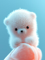 A small white teddy bear with a fuzzy appearance is sitting on a person's finger