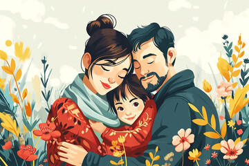 Fototapeta premium Family embracing in a colorful floral landscape, showcasing love and togetherness in nature