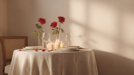 Romantic dinner table setting for two featuring a white tablecloth with elegant plates and wine glasses alongside beautiful red roses in glass vases and glowing white candles in a warm cozy room.