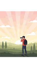 Adventurous Photographer Capturing Scenic Sunrise Over Rolling Hills Landscape