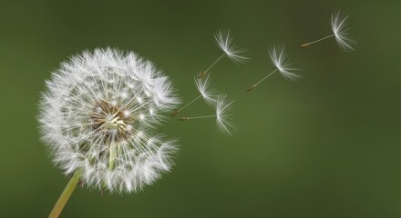 Fototapeta premium Dandelion seeds blowing in the wind on green background