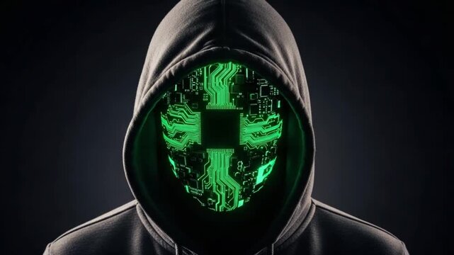 Hooded figure with green circuit board face on dark background approximately 160 characters