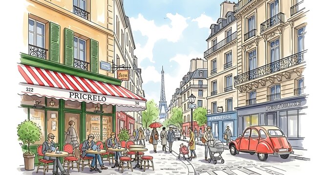 Quaint Parisian Street Scene with Cafe and Vintage Car.