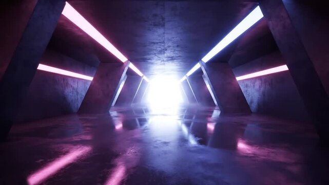 Moving Through Futuristic Neon Tunnel Illuminated by Pink and Blue Light