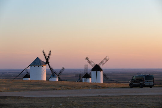 Windmills of Campo de Criptana at sunset time