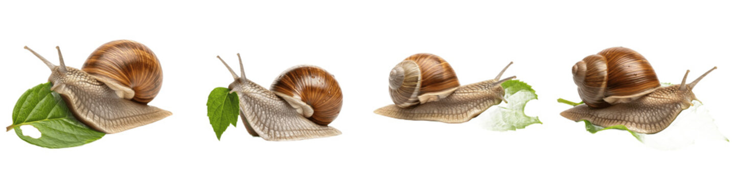 Set of Garden Snails Eating Green Leaves, Realistic Terrestrial Gastropod Collection in Feeding Poses, Isolated on White Transparent PNG Background