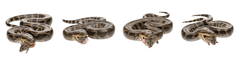 Set of Green Anaconda Snakes Eating Prey, Realistic Giant Constrictor Serpent in Feeding Poses, Isolated on White Transparent PNG Background