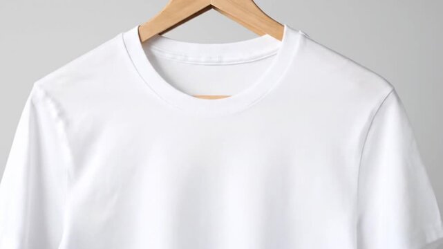 Close Up of Two Blank White T-Shirts Swinging onto Wooden Hangers