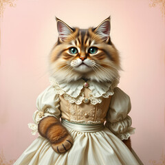 Portrait of a fluffy cat wearing a dress