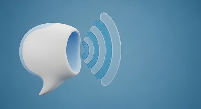 3d rendered white speech bubble graphic emitting blue sound wave signals symbolizing digital communication concepts and voice interface technology against a plain blue background.