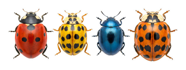 Obraz premium Four colorful beetles and ladybugs display their diverse patterns and vibrant hues in a detailed studio shot, highlighting their unique insect characteristics.