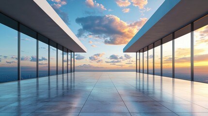 Obraz premium Modern minimalist architectural terrace with floor-to-ceiling windows reflecting a stunning sunset sky with dramatic clouds over a city skyline, offering a breathtaking panoramic view.
