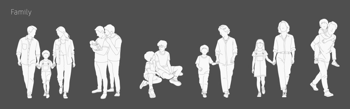 People, family, line drawing style, CAD and vector design.