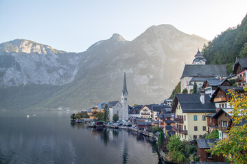 Stunning view of famous Hallstatt mountain village with Hallstatter lake. Popular travel destination in  Salzkammergut region in Austrian Alps.