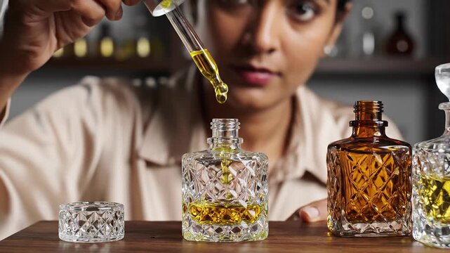 Woman making perfume, adding essential oil drops to perfume bottle