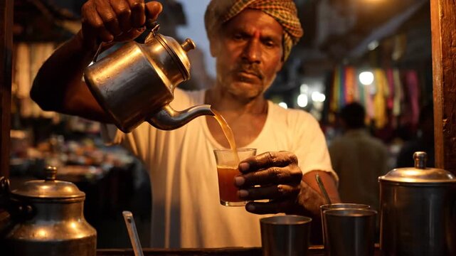Close-up shot of traditional Indian Chaiwala pouring steaming hot masala tea.