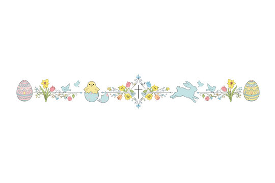 Easter spring border design featuring eggs, chick, bunny, flowers, and birds with a subtle cross element, perfect for festive decorations and religious celebrations.