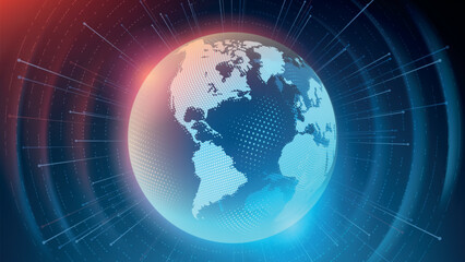 Naklejka premium Blue abstract futuristic background. Tech vector. Sunrise. Satellites and rockets in orbit of planet Earth. Plasma clot of energy. Glowing rays with flickering particles. Science and technology.