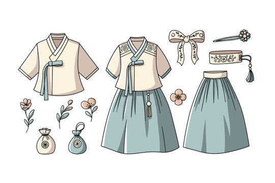Traditional Korean Hanbok clothing and accessories set featuring elegant garments and decorative elements in a charming illustration style.