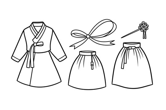 Traditional Korean clothing accessories outline vector illustration set featuring hanbok elements like jeogori, chima, norigae, and binyeo in a simple line art style.
