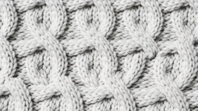 Closeup of white knitted fabric texture with intricate cable pattern