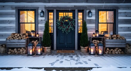 Cozy winter cabin with festive holiday decorations and warm lighting