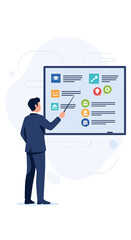 Business Professional Presenting Information On A Digital Whiteboard With Icons And Data