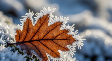 Frosty winter leaf with icy edges on a blurred snowy background
